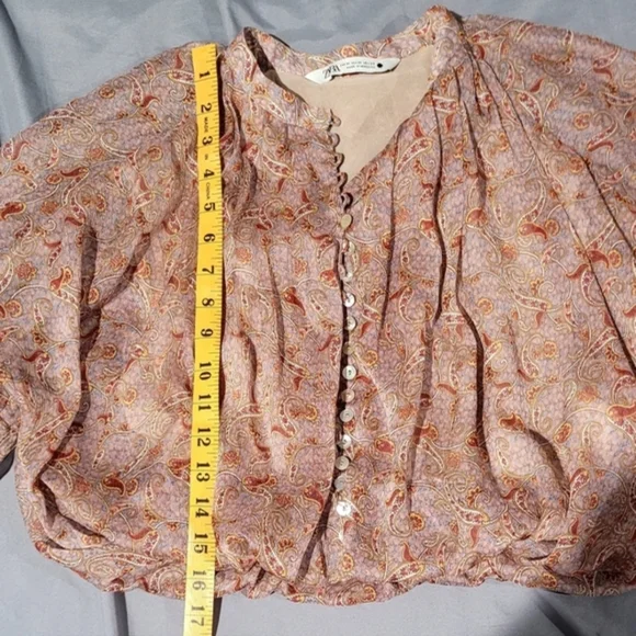 Zara Sheer Paisley Blouse Medium Boho Balloon Sleeve Button Front Top - Picture 8 of 10